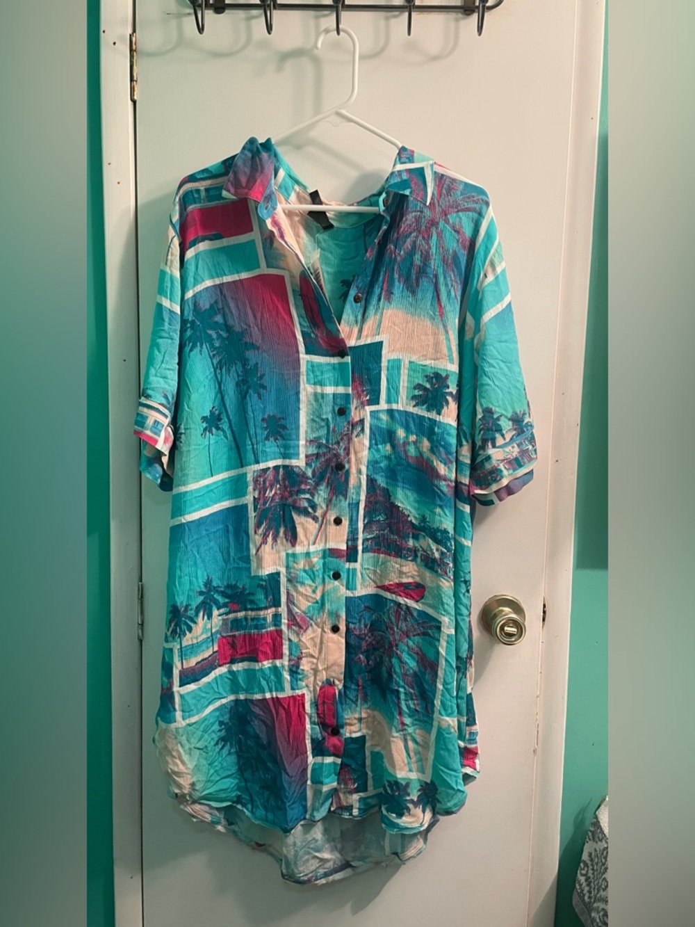 Torrid Turquoise Palm-Print Short Sleeve Button-Up swim cover up